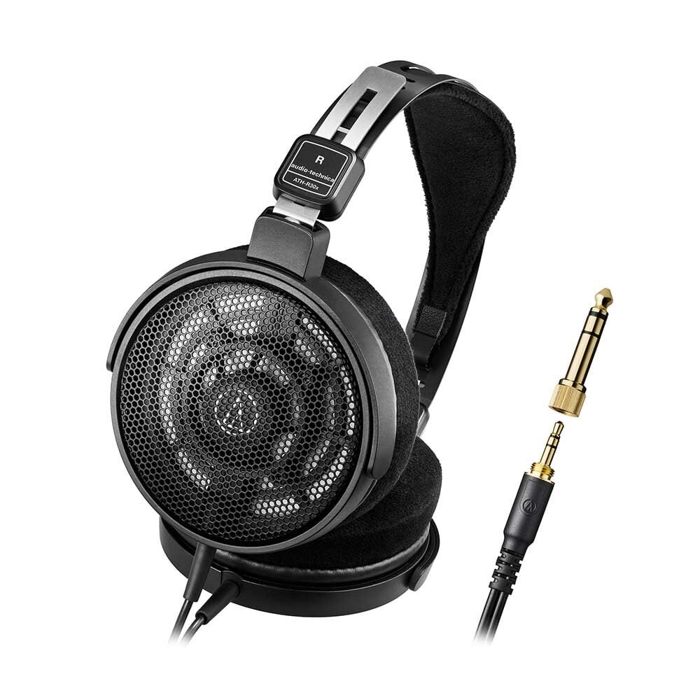 黒いAudio-Technica ATH-R30xの開放型イヤーカップと軽量ヘッドバンドを確認できるメーカー公式画像。