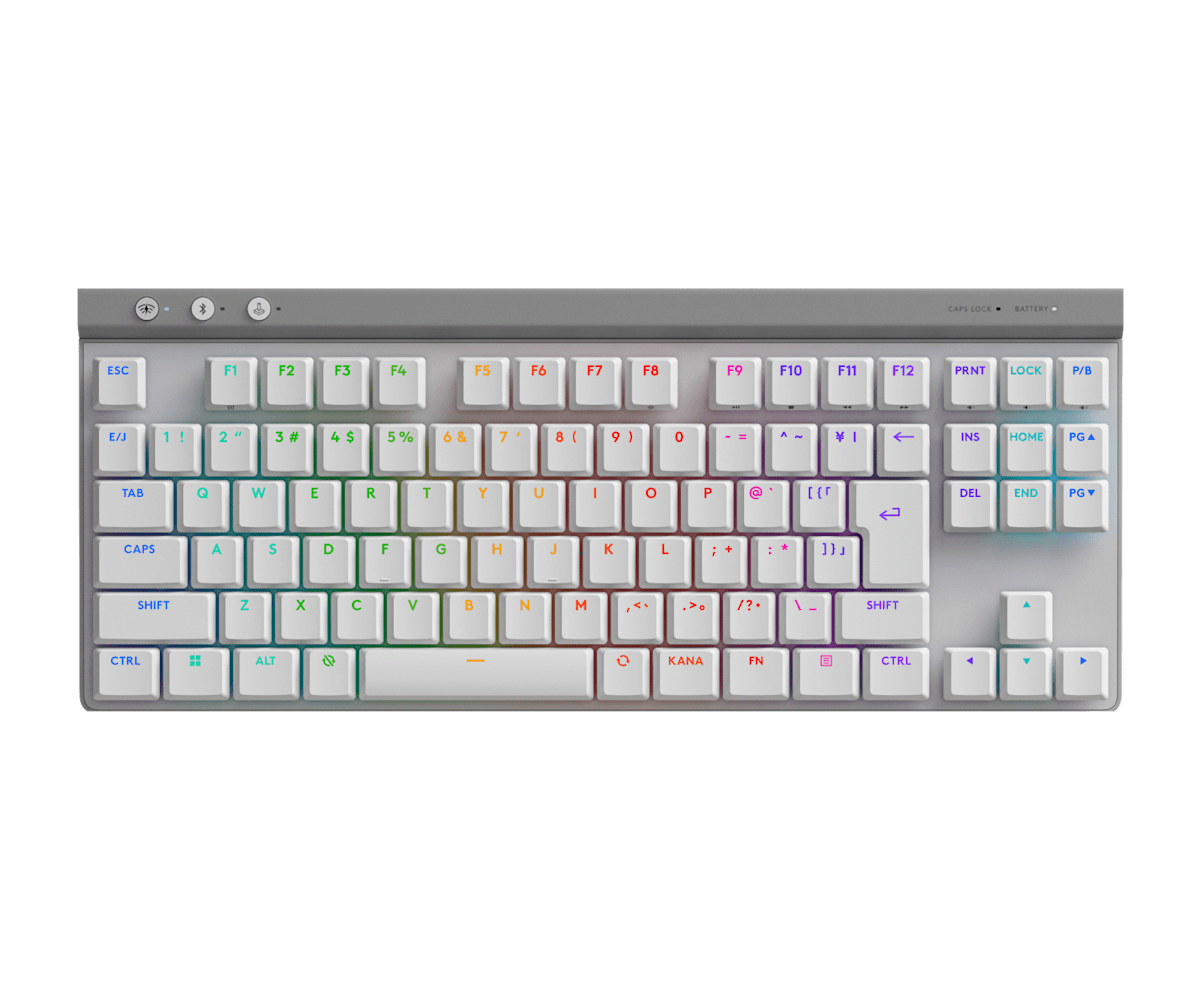 白いLogicool G515 LIGHTSPEED TKLの日本語テンキーレス配列、薄型キー、右上の接続切替キーを確認できる公式商品画像