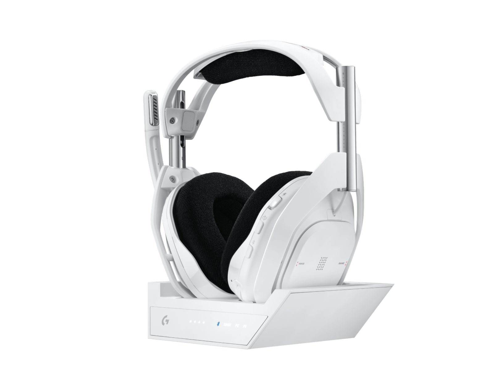 ホワイトのLogicool ASTRO A50 Xヘッドセットとベースステーションを確認できるメーカー公式画像。