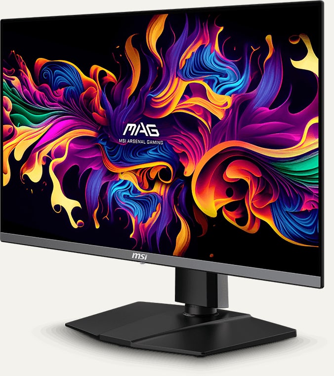 MSI MAG 272QP QD-OLED X50の薄いパネル、背面スタンド、端子部を確認できるメーカー公式画像。